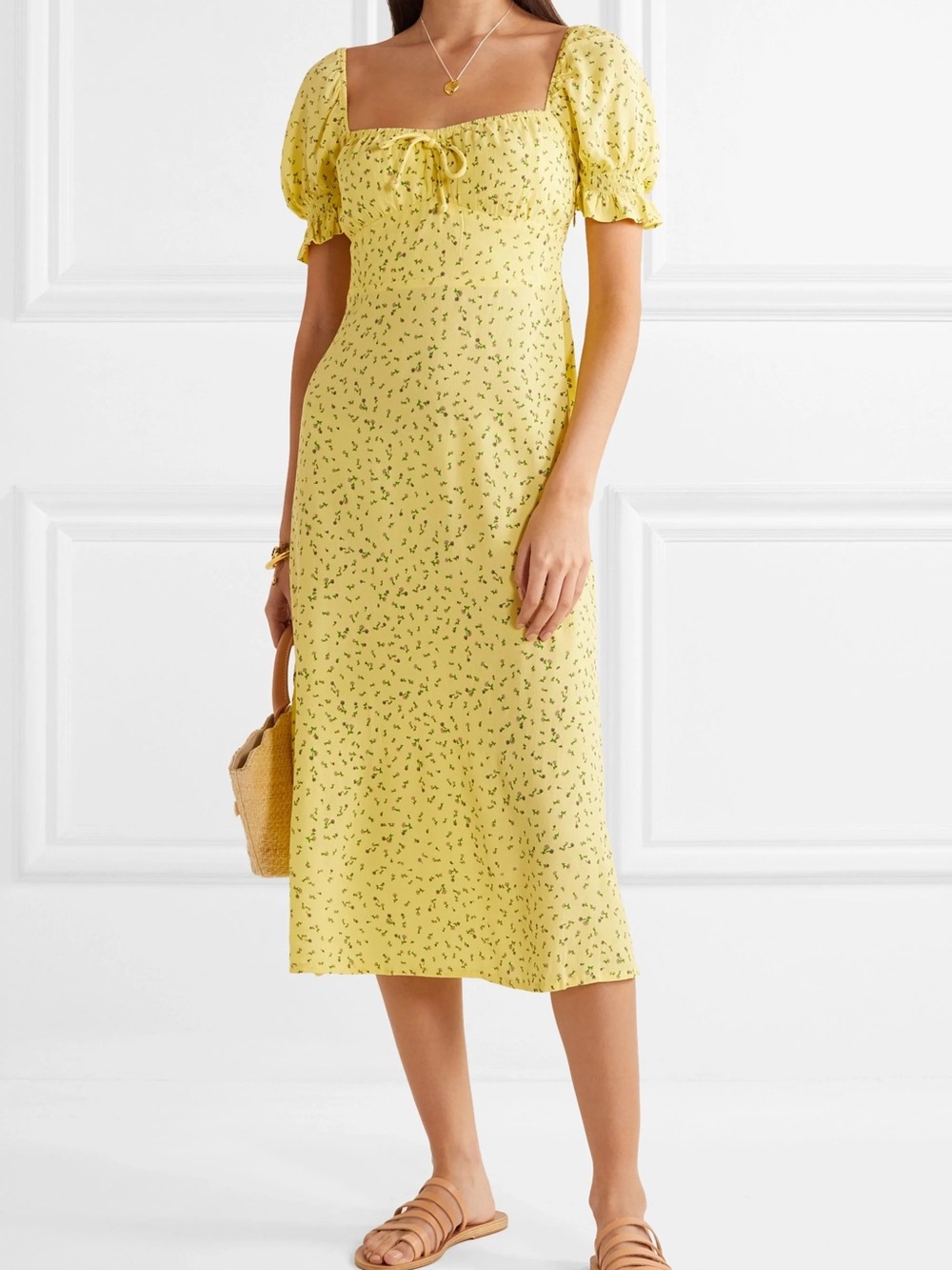 Faithfull the Brand Yellow Floral Puff Sleeve Midi Dress Cottagecore Size small